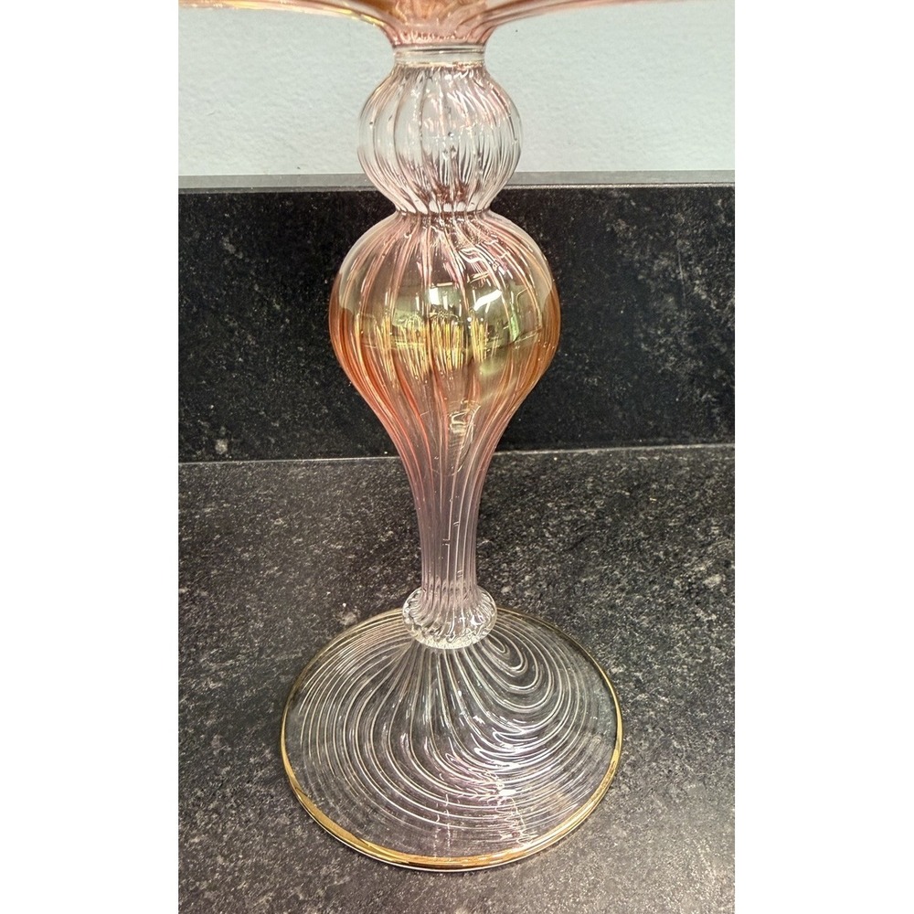 Bimini Art Glass Footed Nut Dish Delicate Hollow Stem Swirl Design Compote Champ - Picture 2 of 7
